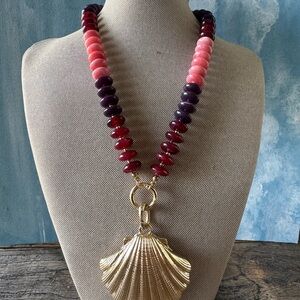 Gold Shell Pendant Necklace with Pink, Purple and Red Beads